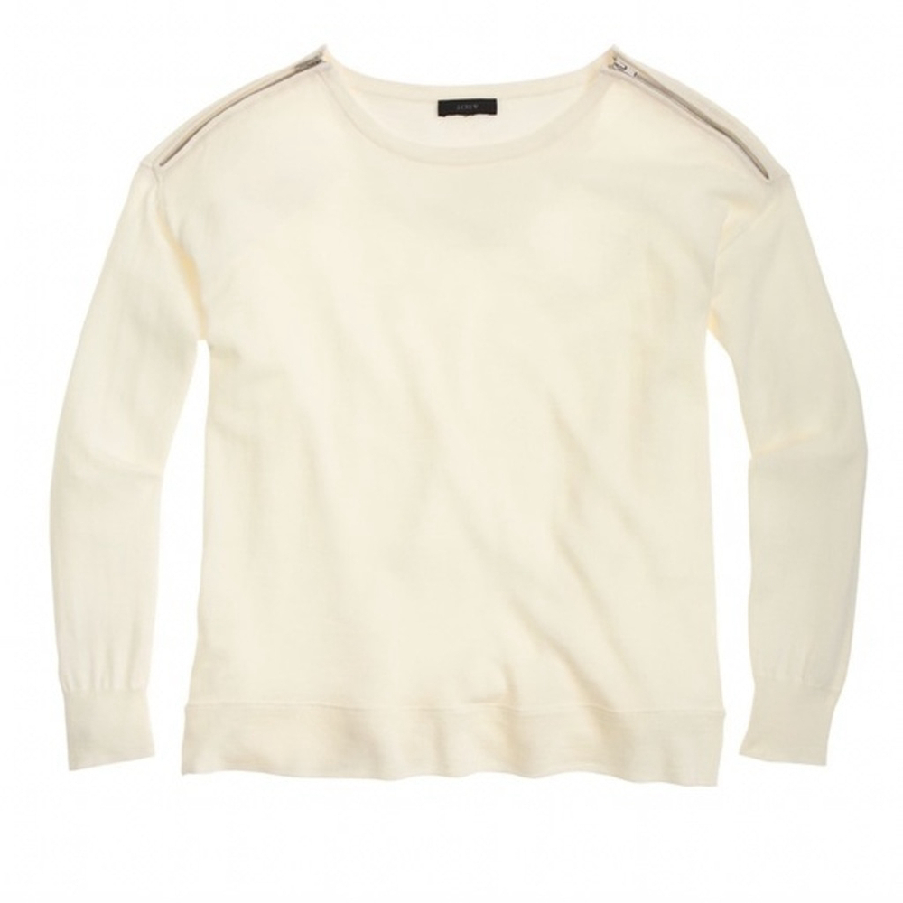 J.Crew Womens S 100% Merino Wool Zip Shoulder Ivory Sweater Career Minimalist